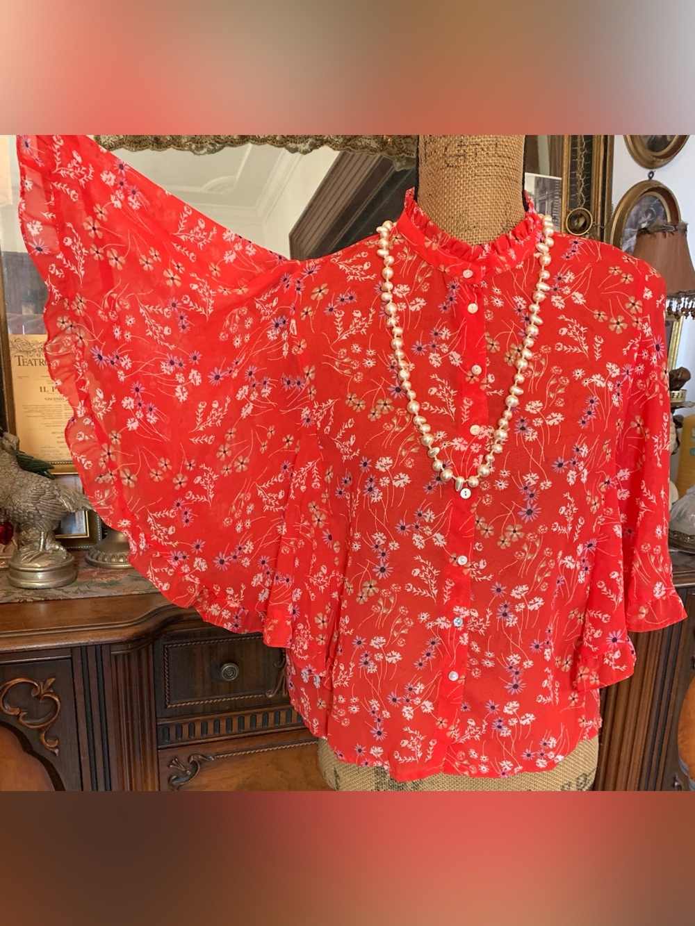 Vintage Abercrombie & Fitch Coral Orange Red Floral Angel Sleeve Ruffle Blouse